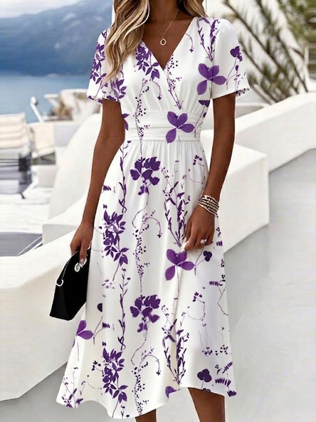 Women Floral Summer Dress V Neck Short Sleeve A-Line Dress