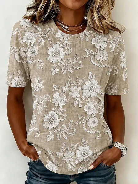 

Vintage Floral Crew Neck Short Sleeve T-shirt, Khaki, T-shirts