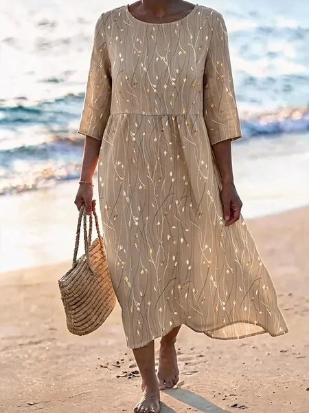 Women Leaf Summer Dress Crew Neck Half Sleeve A-Line Dress