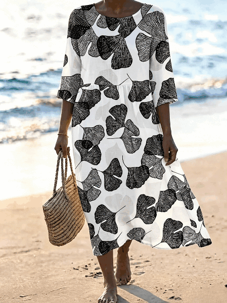 Women Floral Summer Dress Crew Neck Half Sleeve A-Line Dress
