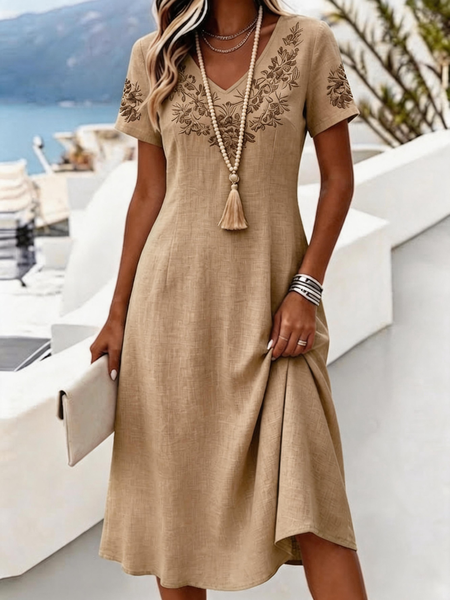 Women Floral Summer Dress V Neck Short Sleeve A-Line Dress