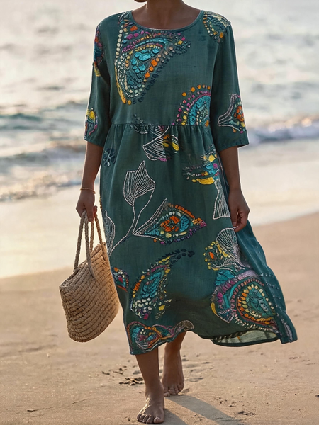 Women Paisley Summer Dress Crew Neck Half Sleeve A-Line Dress