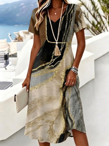 Women Abstract Summer Dress V Neck Short Sleeve A-Line Dress