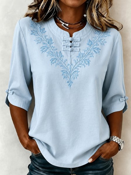 Mandarin Collar Half Sleeve Floral Printing Lightweight Micro-Elasticity Regular Fit Blouse For Women