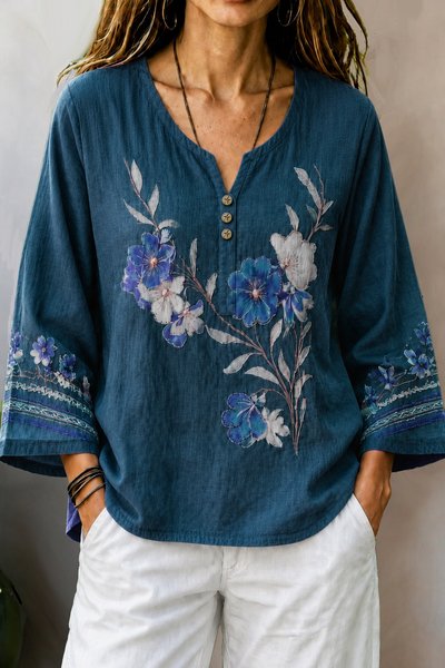 Crew Neck Long Sleeve Floral Regular Micro-Elasticity Loose Blouse For Women