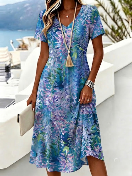 Women Leaf Summer Dress V Neck Short Sleeve A-Line Dress