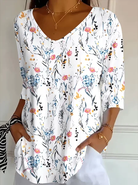 Women Floral Three Quarter Sleeve Tee T-shirt V Neck Printing Casual Graphic Tee Spring/Fall Top