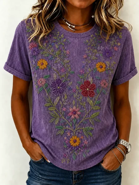 

Casual Floral Crew Neck Short Sleeve T-shirt, Purple, T-shirts