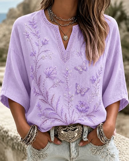 Half Open Collar Half Sleeve Floral Regular Micro-Elasticity Loose Blouse For Women