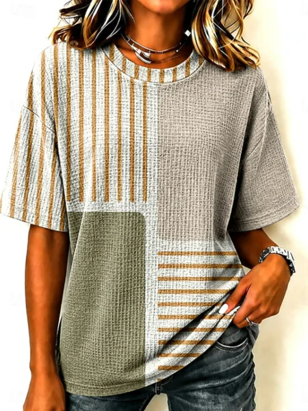 Casual Striped Crew Neck Short Sleeve T-shirt