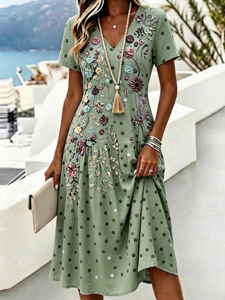 Women Polka Dots Summer Dress V Neck Short Sleeve A-Line Dress