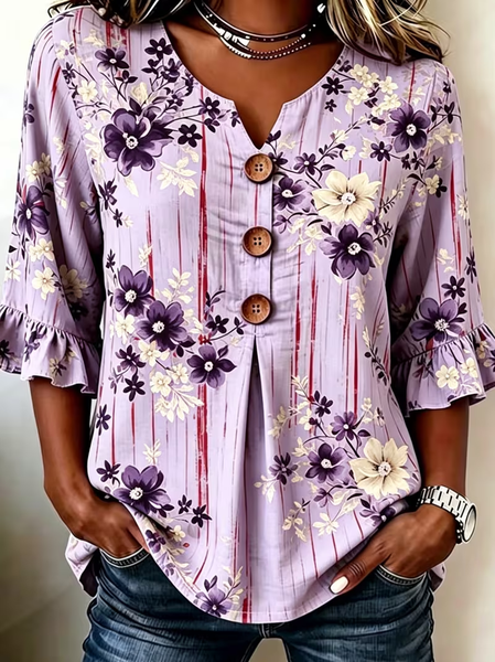 Women Floral V Neck Half Sleeve Blouse Printing Vintage Daily Summer Top