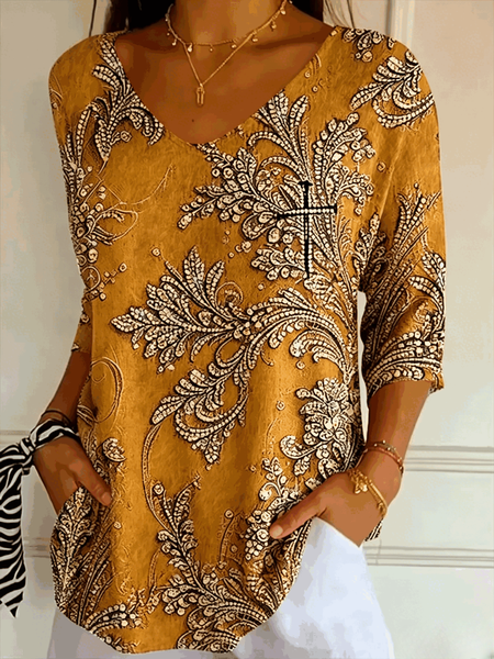 Vintage Geometric V Neck Three Quarter Sleeve T-shirt