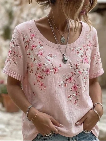 Women Floral Short Sleeve Tee T-shirt Crew Neck Printing Casual Graphic Tee Summer Top