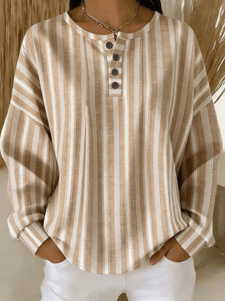 Women Striped Henley Collar Casual Spring/Fall Long Sleeve Sweatshirt