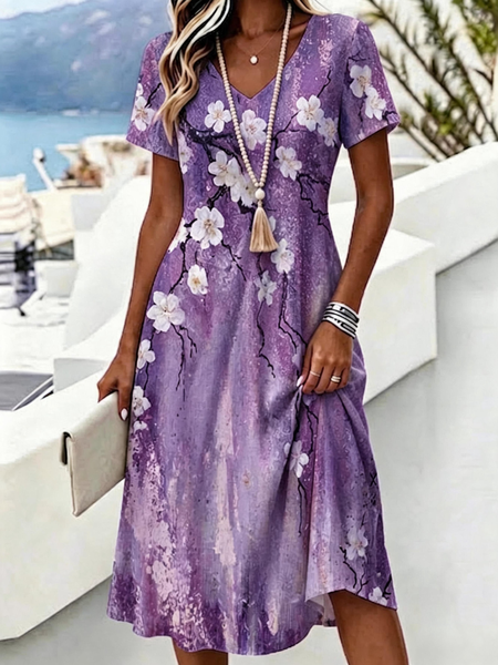 Women Floral Summer Dress V Neck Short Sleeve A-Line Dress