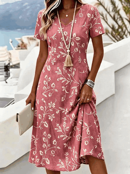 Women Floral Summer Dress V Neck Short Sleeve A-Line Dress
