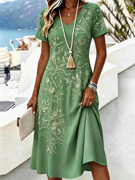 

Women Floral Summer Dress V Neck Short Sleeve A-Line Dress, Green, Dresses