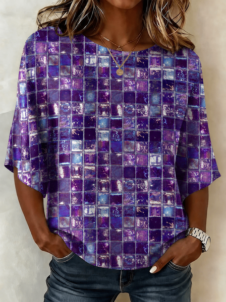 Crew Neck Half Sleeve Geometric Printing Regular Micro-Elasticity Loose Blouse For Women