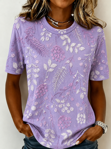Vintage Floral Crew Neck Short Sleeve T-shirt