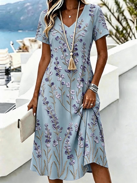 Women Floral Summer Dress V Neck Short Sleeve A-Line Dress