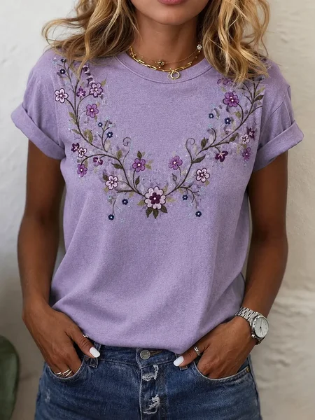Women Floral Short Sleeve Tee T-shirt Crew Neck Printing Casual Graphic Tee Summer Top