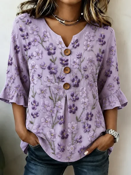 Women Floral V Neck Half Sleeve Blouse Printing Vintage Daily Summer Top