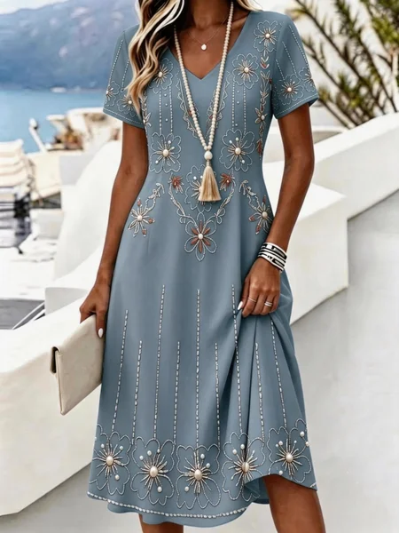 

Women Floral Summer Dress V Neck Short Sleeve A-Line Dress, Dusty teal, Dresses