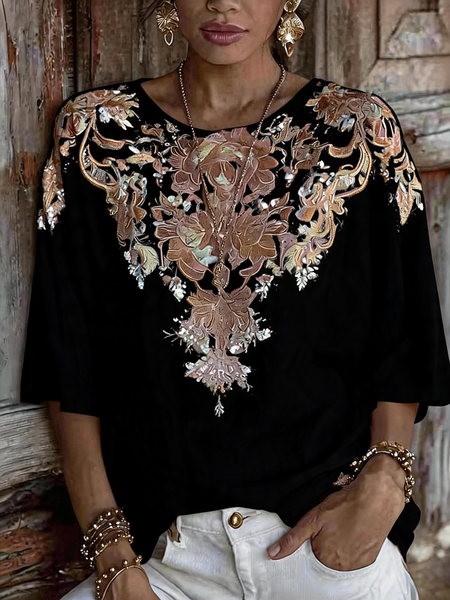 Crew Neck Half Sleeve Floral Regular Micro-Elasticity Regular Fit Blouse For Women