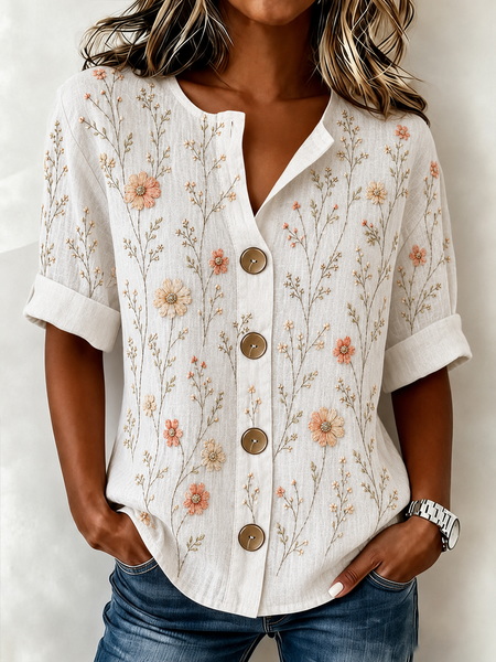 Stand Collar Three Quarter Sleeve Floral Regular Loose Shirt For Women