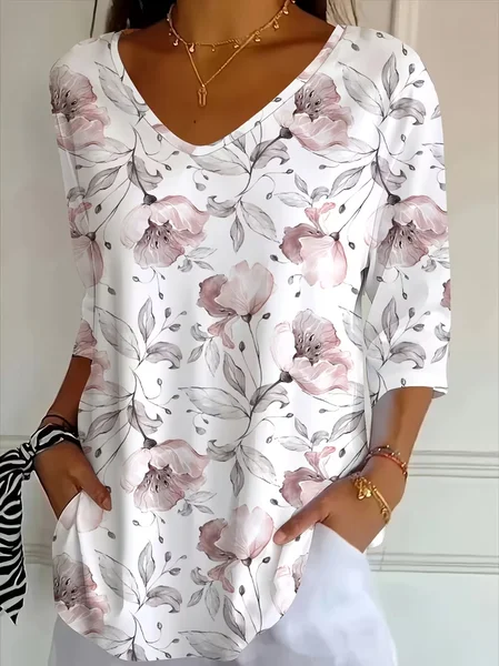Women Floral Three Quarter Sleeve Tee T-shirt V Neck Printing Casual Graphic Tee Spring/Fall Top