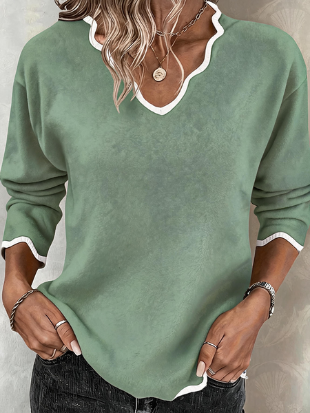 Casual Plain V Neck Long Sleeve T-shirt