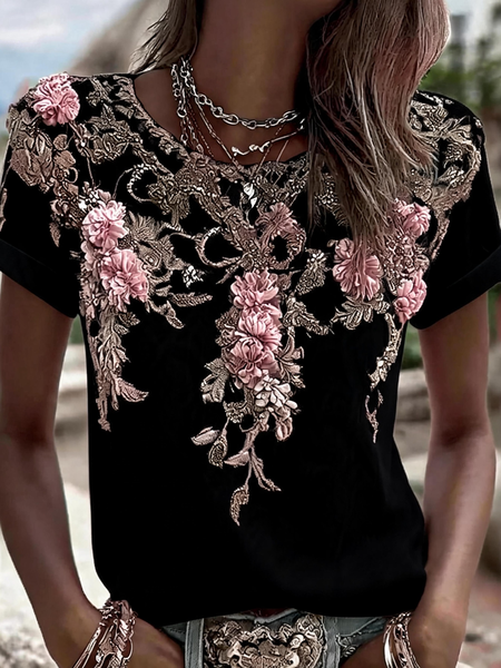 

Vintage Floral Crew Neck Short Sleeve T-shirt, Black, T-shirts