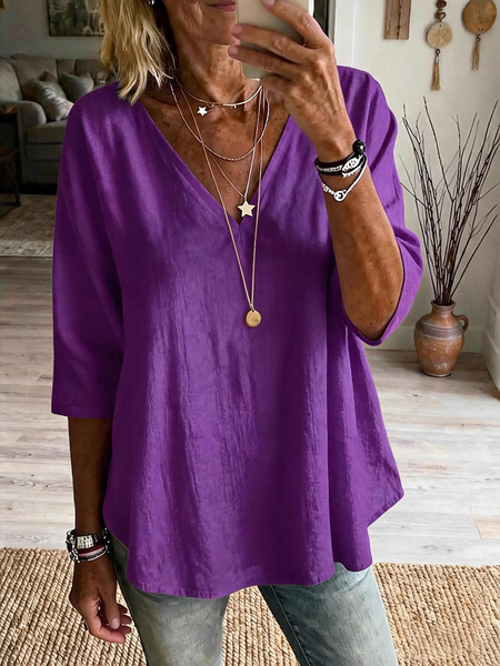 V Neck Short Sleeve Plain Regular Micro-Elasticity Regular Fit Blouse For Women
