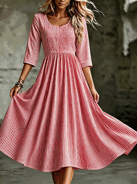 Women Striped Summer Dress Crew Neck Half Sleeve H-Line Dress