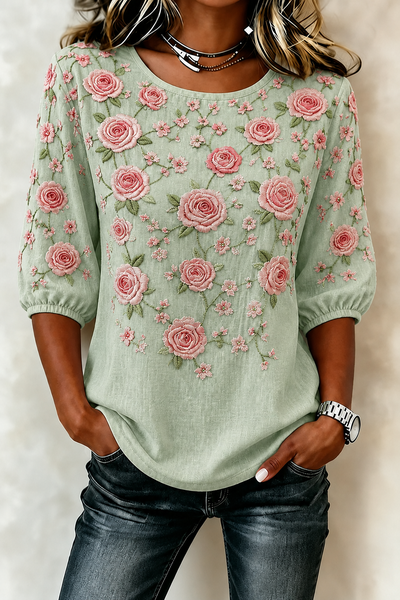Crew Neck Half Sleeve Floral Printing Regular Micro-Elasticity Loose Blouse For Women