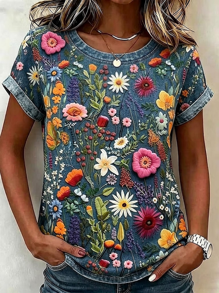 Women Floral Short Sleeve Tee T-shirt Crew Neck Printing Casual Graphic Tee Summer Top