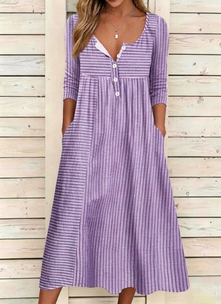 Women Striped Summer Dress Half Open Collar Half Sleeve A-Line Dress