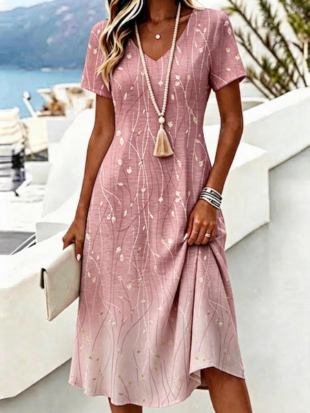 Women Ombre Summer Dress V Neck Short Sleeve A-Line Dress