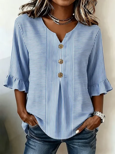 Women Striped V Neck Half Sleeve Blouse Printing Vintage Daily Summer Top