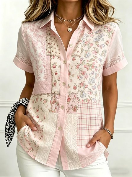 Shirt Collar Short Sleeve Floral Printing Regular Regular Fit Shirt For Women
