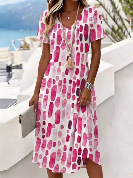

Women Abstract Summer Dress V Neck Short Sleeve A-Line Dress, Pink, Dresses