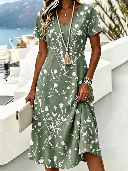 Women Floral Summer Dress V Neck Short Sleeve A-Line Dress