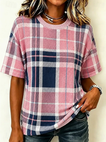 Women Plaid Short Sleeve Tee T-shirt Crew Neck Printing Casual Summer Top
