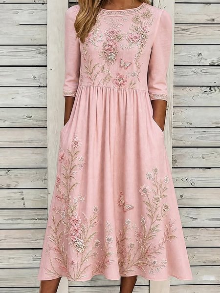 Women Floral Summer Printing Dress Crew Neck Half Sleeve T-Shirt Dress A-Line Dress