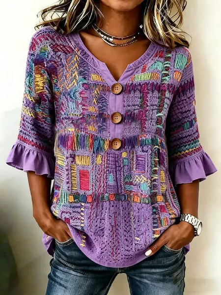 V Neck Half Sleeve Abstract Printing Regular Micro-Elasticity Regular Fit Blouse For Women