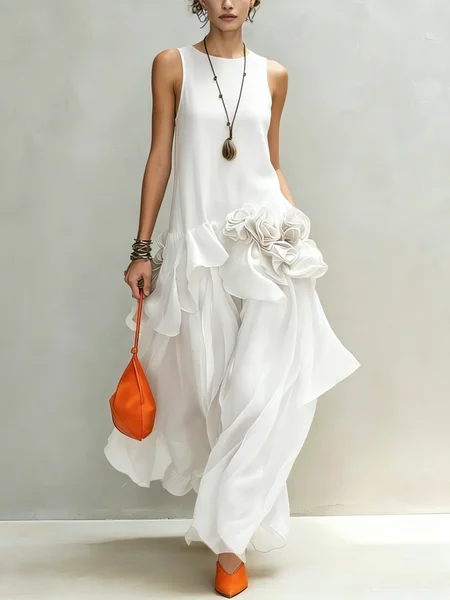 

Elegant Plain 3D Floral Crew Neck Maxi Dress, White, Maxi Dresses