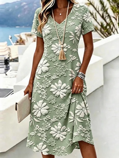 Women Floral Summer Dress V Neck Short Sleeve A-Line Dress