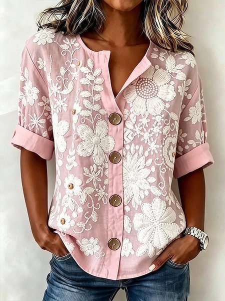 Women Floral Stand Collar Three Quarter Sleeve Shirt Casual Daily Spring/Fall Top
