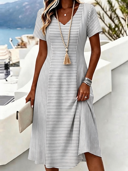 Women Striped Summer Dress V Neck Short Sleeve A-Line Dress